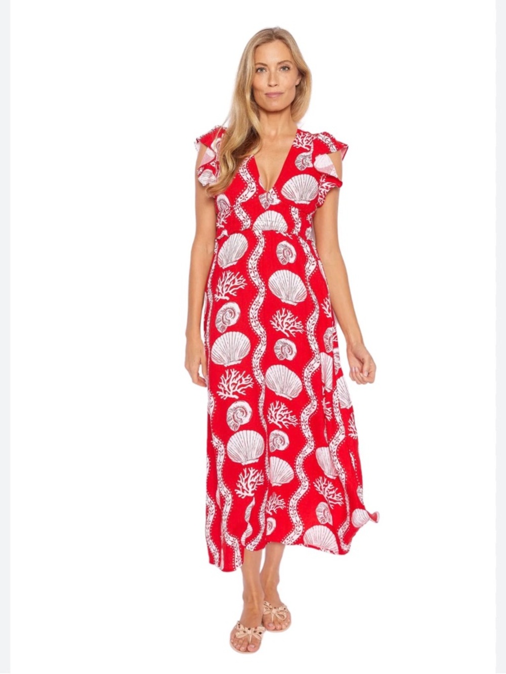 Sail to Sable Red and White Seashell Maxi Dress